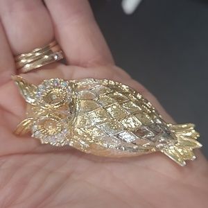 Owl Brooch with AB Aurora Borealis Goldtone & Silvertone Vintage Unsigned